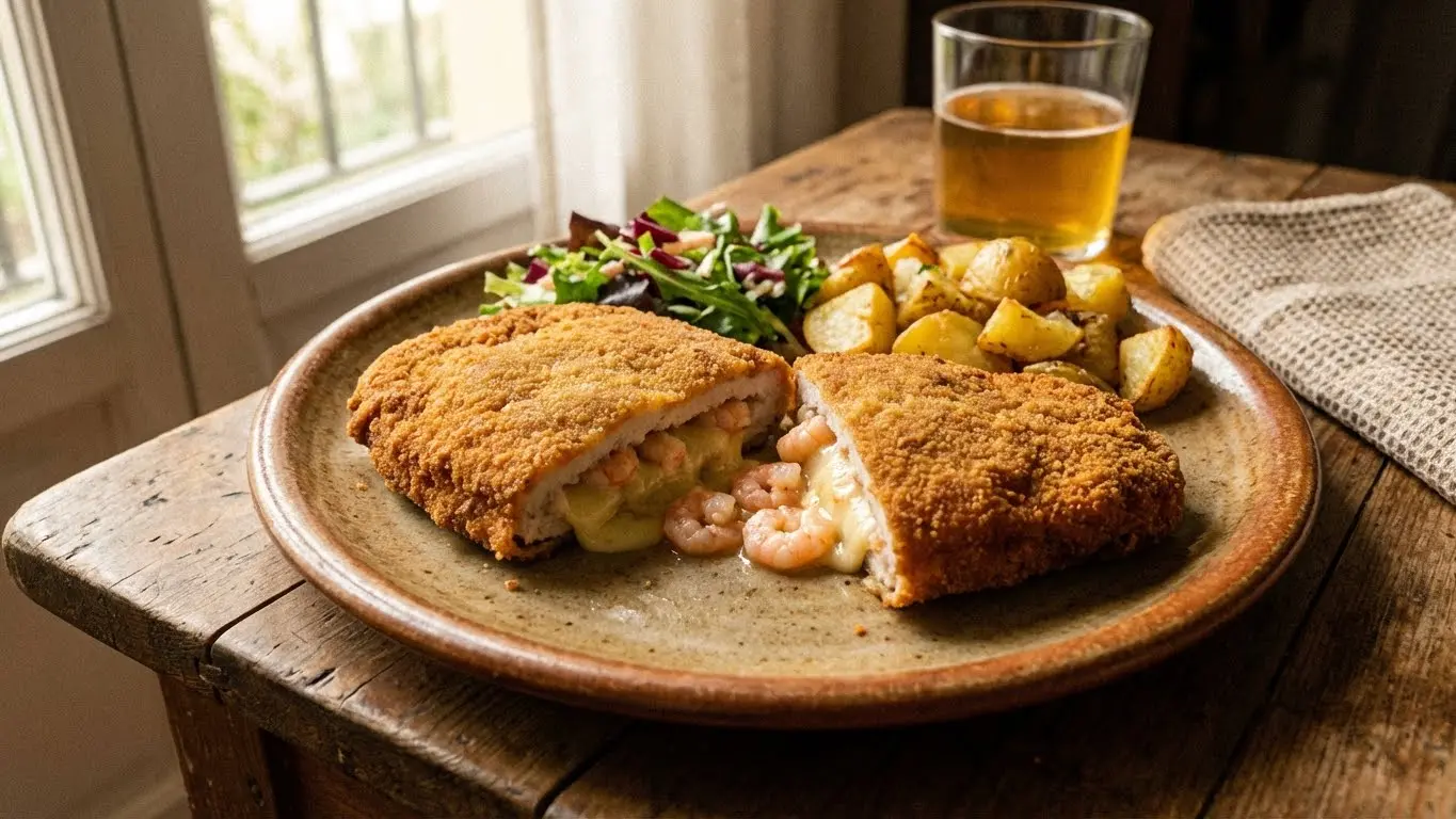 Cachopo de merluza a la sidra con gambas y azafrán