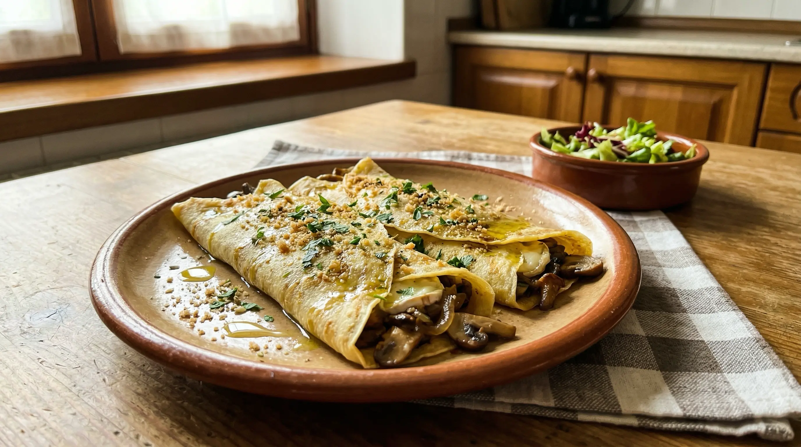 Crepes de champiñones y queso de cabra