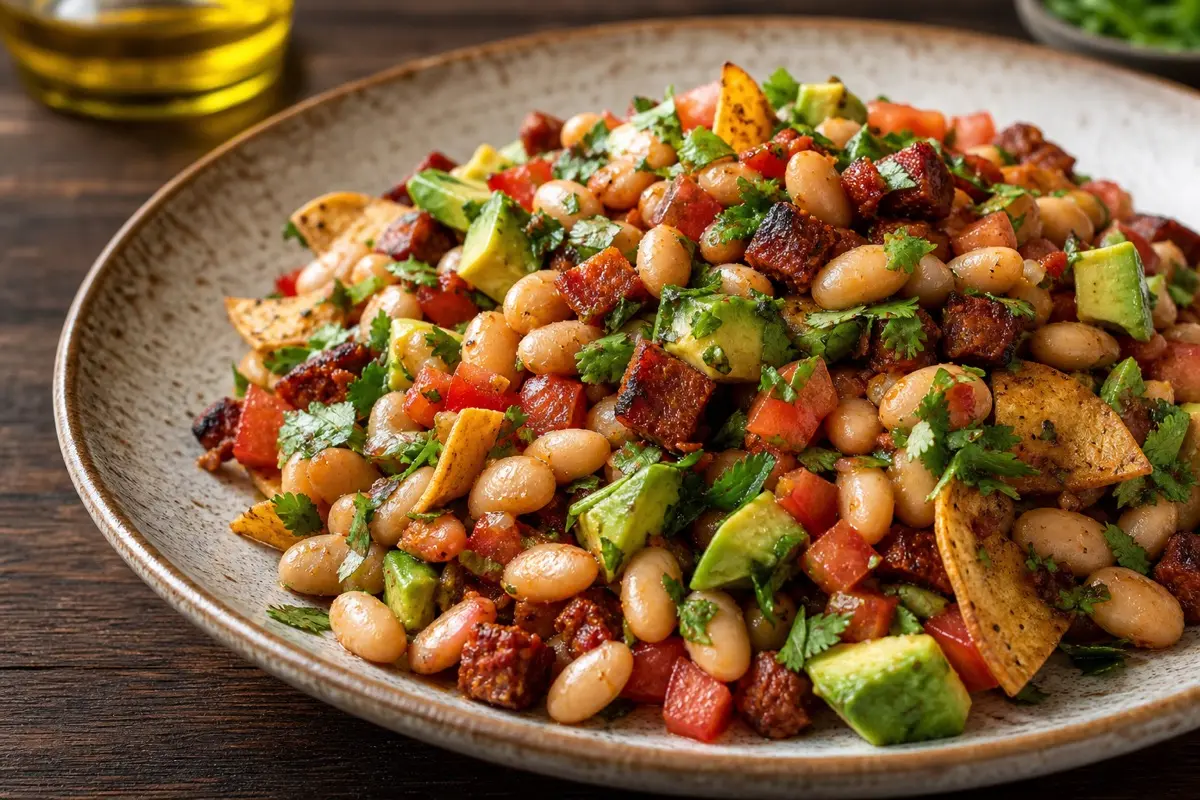 Ensalada de fabada con tacos (Fusión Astur-Mex)