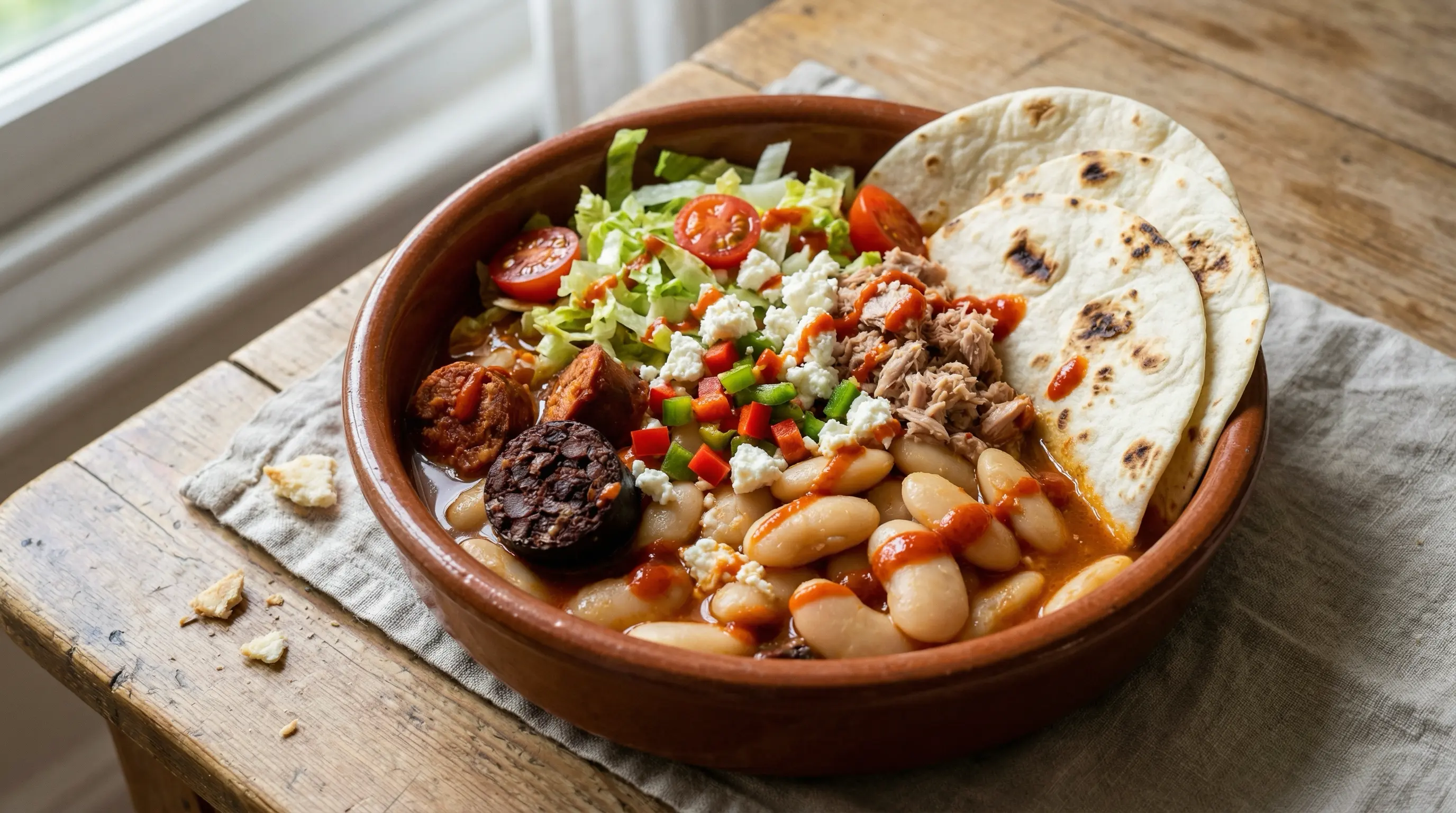 Ensalada de fabada con tacos (Fusión Astur-Mex)