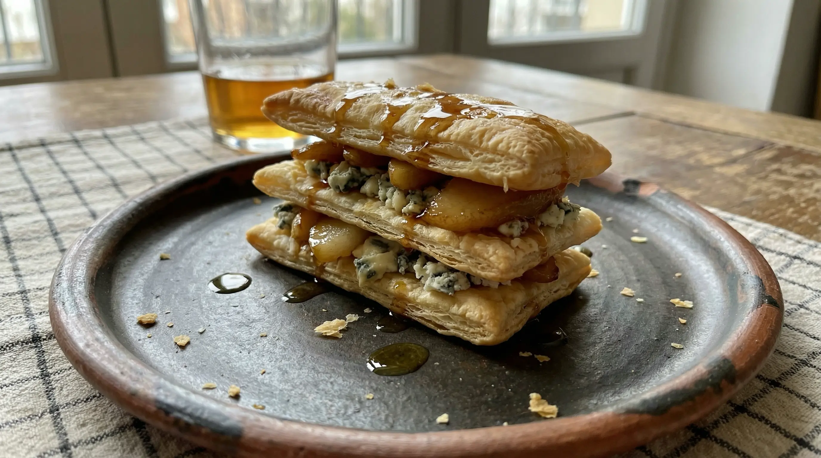 Milhojas de Cabrales y pera al brandy